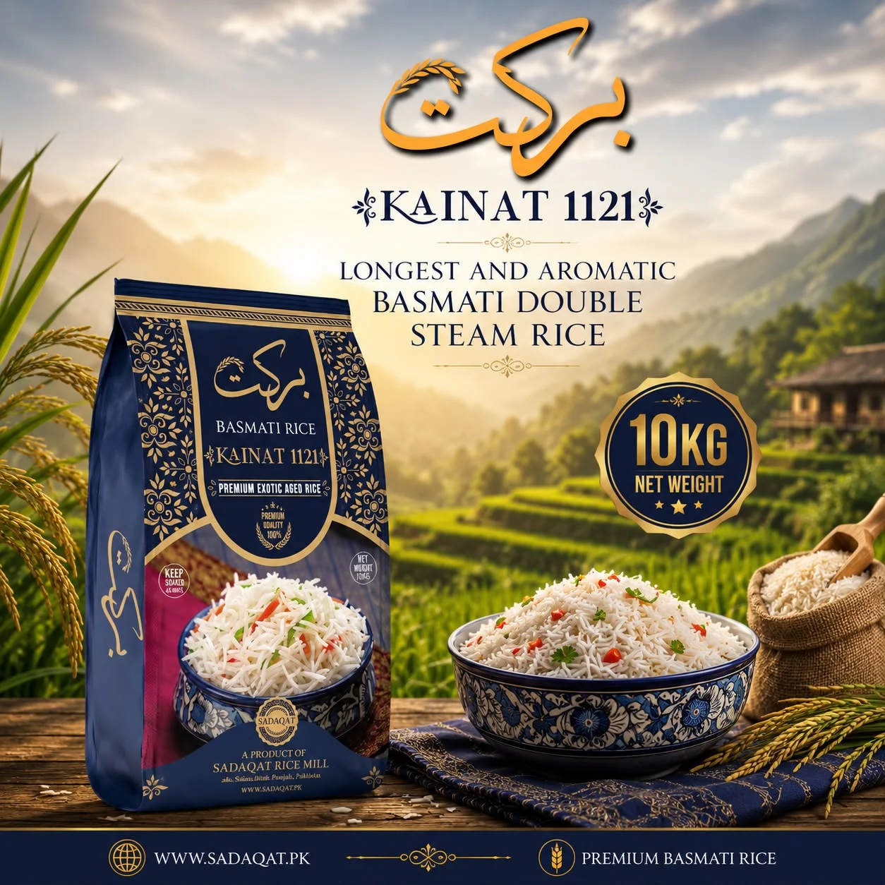 BARKAT-BRAND Kainat 1121 Basmati Double Steam Rice 10KG Net Weight