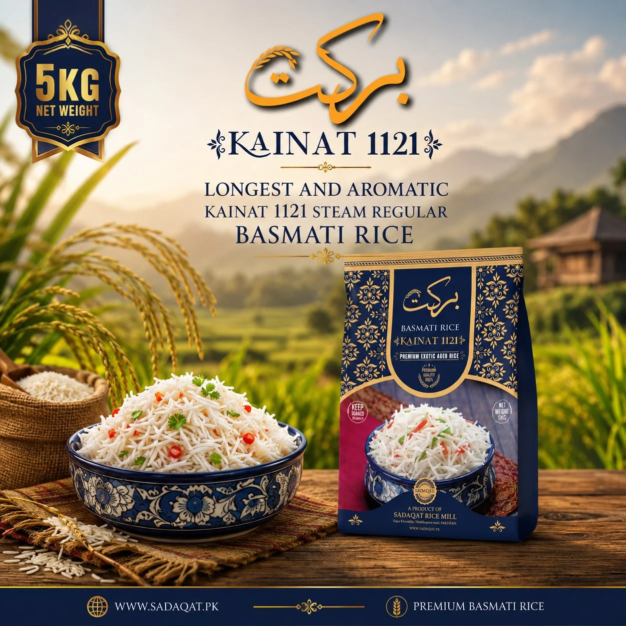 BARKAT-BRAND Kainat 1121 Basmati Steam Regular Rice 5KG Net Weight