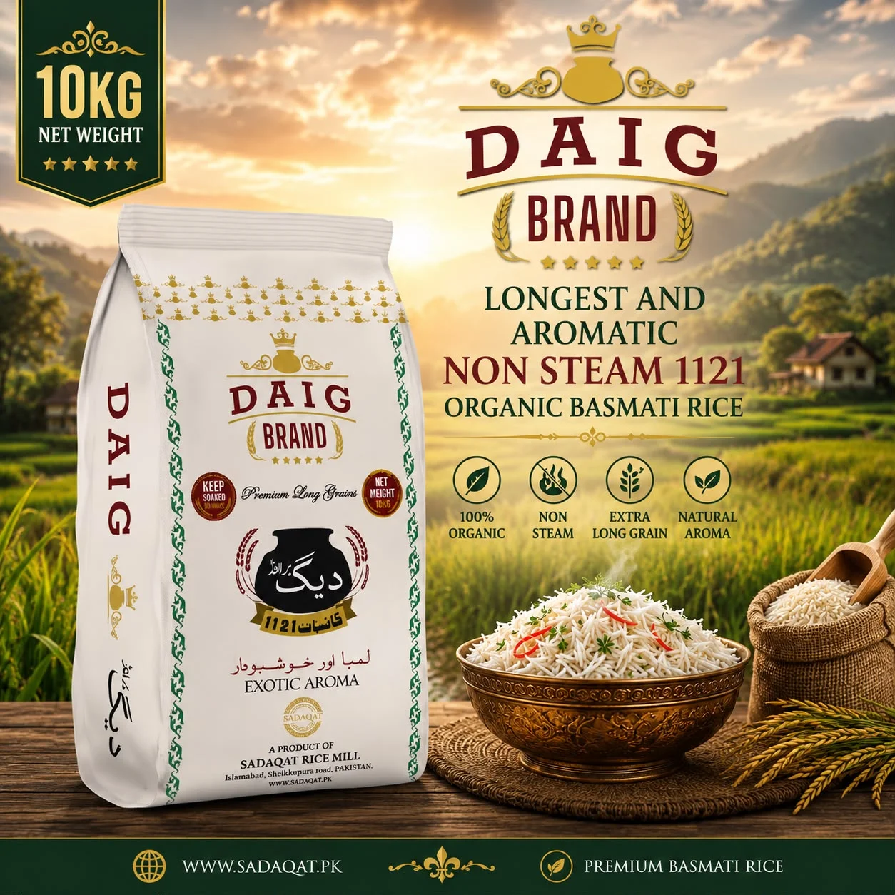 DAIG-BRAND 10KG Premium Long Grain Non Steam 1121 Basmati Rice