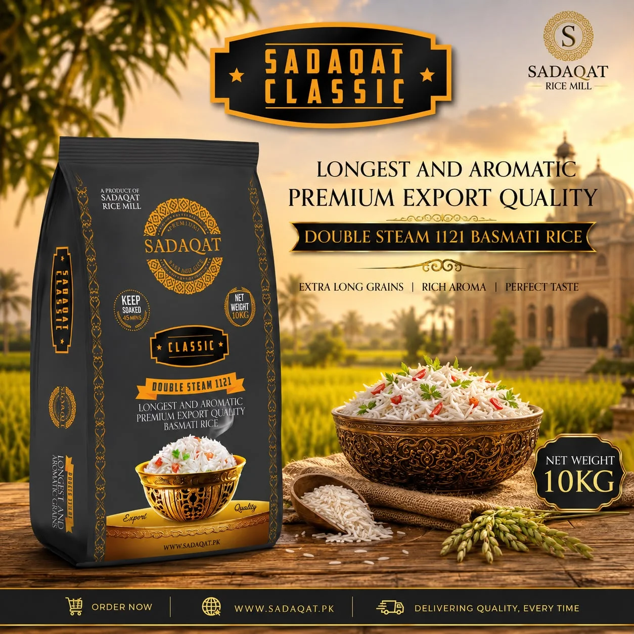 SADAQAT-CLASSIC Export Quality Premium 1121 Pure Basmati Rice 10KG Net Weight