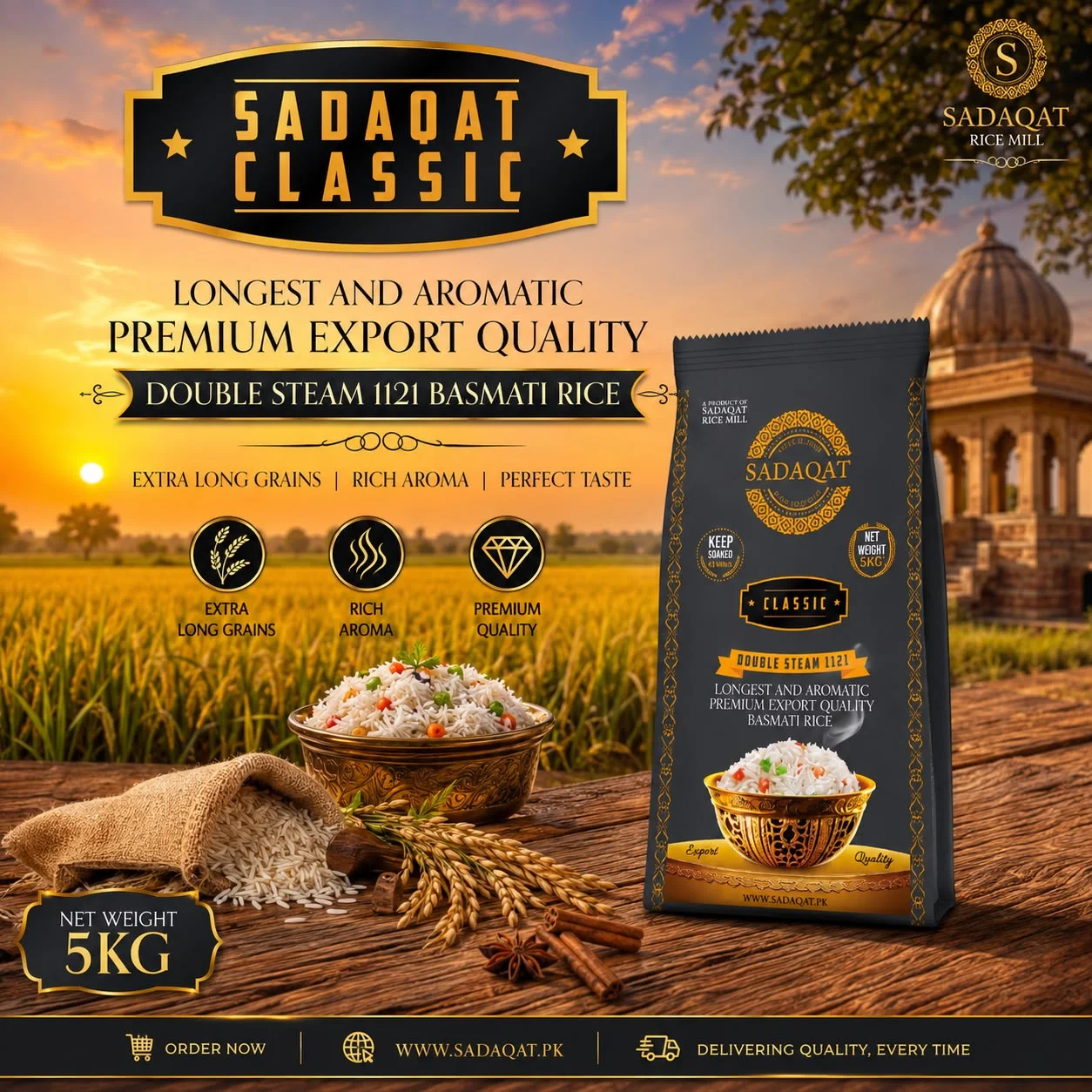 SADAQAT-CLASSIC Export Quality Premium 1121 Pure Basmati Rice 5KG Net Weight